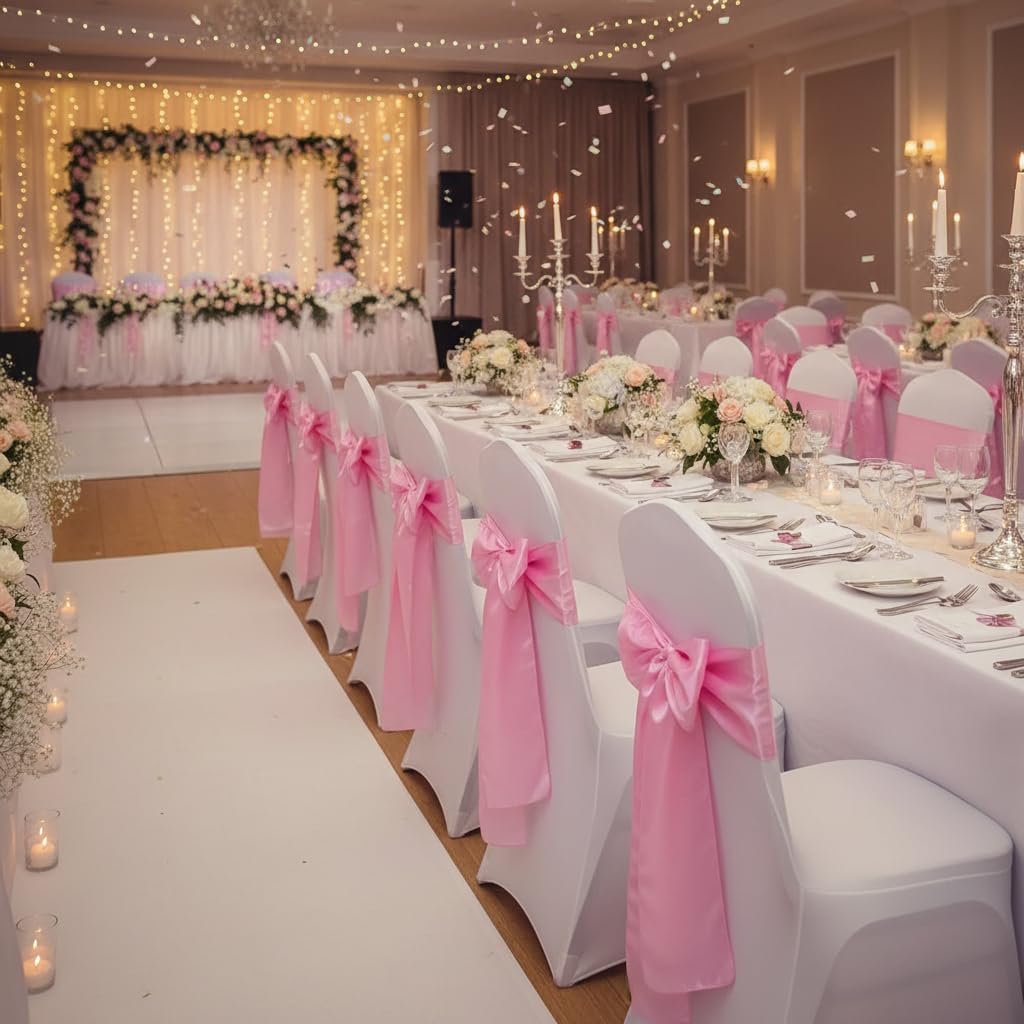 Skiennix Satin Chair Sashes - Elegant Tie Back Bows for Wedding & Party Decor | Light Pink (10 Pack)