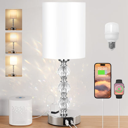 Touch Bedside Crystal Lamps for Bedrooms Nightstand with USB C+A Charging Port and AC Outlet White, 3 Way Dimmable Silver Small End Side Table Lamp for Living/Guest/Dinning Room/Kitchen