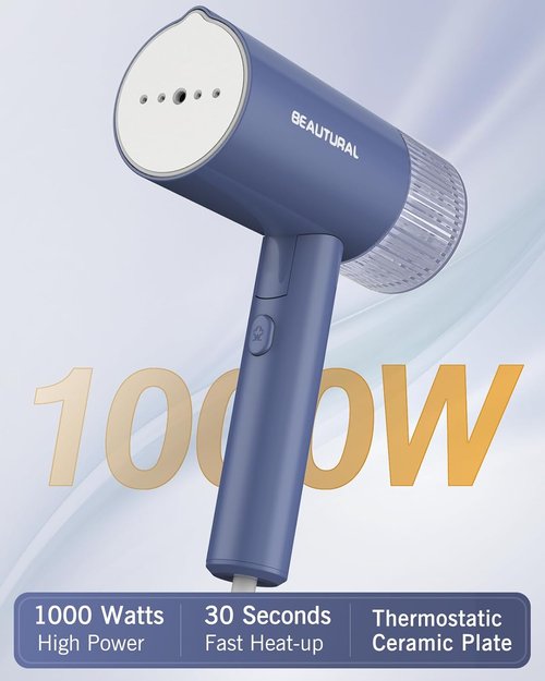 Beautural Portable Clothes Steamer - Fast 30s Heat-Up, Handheld & Foldable Design, Blue