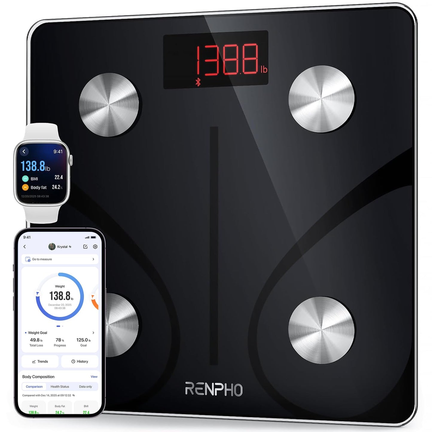 RENPHO Scale for Body Weight 500 lbs, Extra-High Capacity Smart Bathroom Scale with Ultra Wide Platform 12 x 12 inches, Body Fat Scale with Large LED Display, Health Monitor Sync App, Elis 1 L