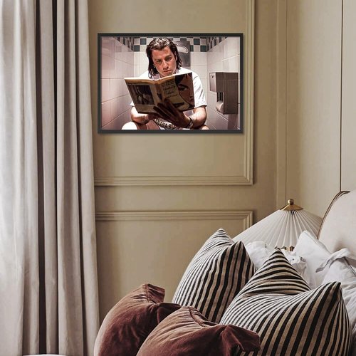 Funny Bathroom Wall Art - Man Reading Newspaper on Toilet | Humorous Movie Poster Canvas Print