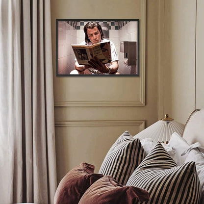 Funny Bathroom Wall Art - Man Reading Newspaper on Toilet | Humorous Movie Poster Canvas Print