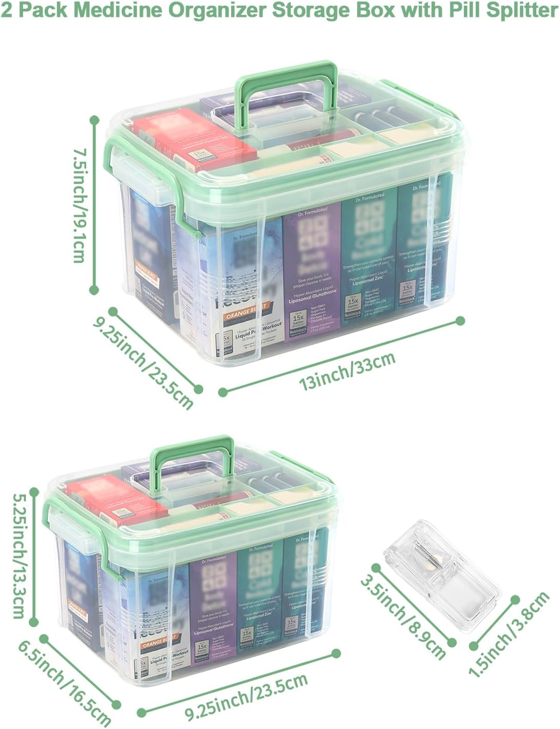 Skiennix Medicine Organizer Storage Box - 2 Pack Clear Portable Pill Splitter with Lids & Labels