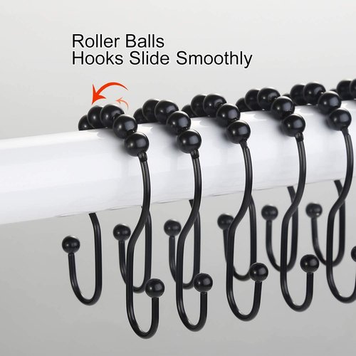Goowin Shower Curtain Hooks, 12 Pcs Shower Curtain Rings, Stainless Steel Black Shower Curtain Hooks, Shower Curtain Rings Rust Proof, Smooth Sliding Anti-Drop Double Shower Rings for Curtain (Black)