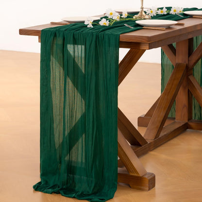 Socomi Emerald Green Cheesecloth Table Runner - 120 Inch Rustic Boho Decor for Weddings & Events
