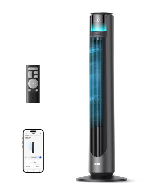 DREO Smart Tower Fan for Indoor & Outdoor Use, 33 ft/s High Velocity, 12 Speeds, 4 Modes Standing Floor Fan, 150° Customizable Oscillating, 20 dB Quiet DC Motor for Bedroom, Weather Resistant