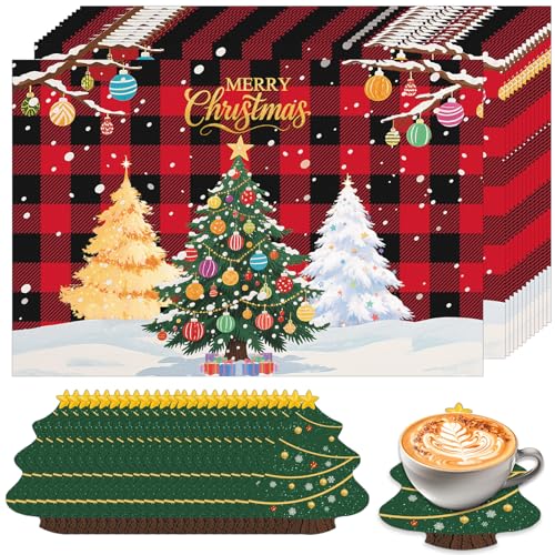 Christmas Tree Disposable Placemats & Coasters Set - 50 Pcs Holiday Table Decor