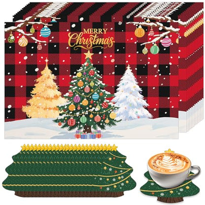 Christmas Tree Disposable Placemats & Coasters Set - 50 Pcs Holiday Table Decor