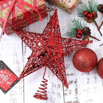 URATOT 8-Inch Red Glitter Christmas Tree Topper Metal Star Treetop Holiday Decoration