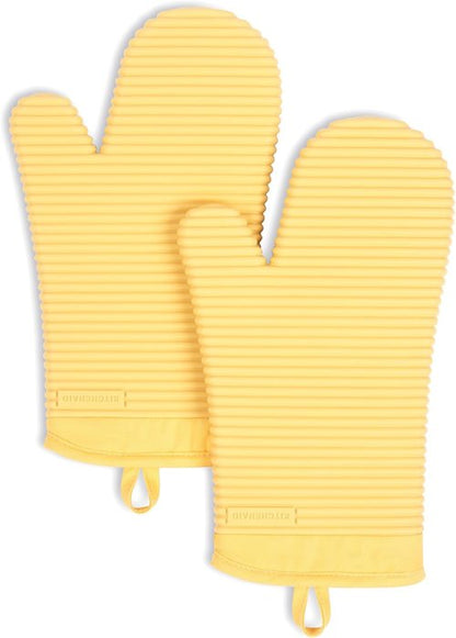 KitchenAid Ribbed Soft Silicone Oven Mitt Set - 2-Pack, 7.5"x13", Butter Yellow for Ultimate Heat Protection