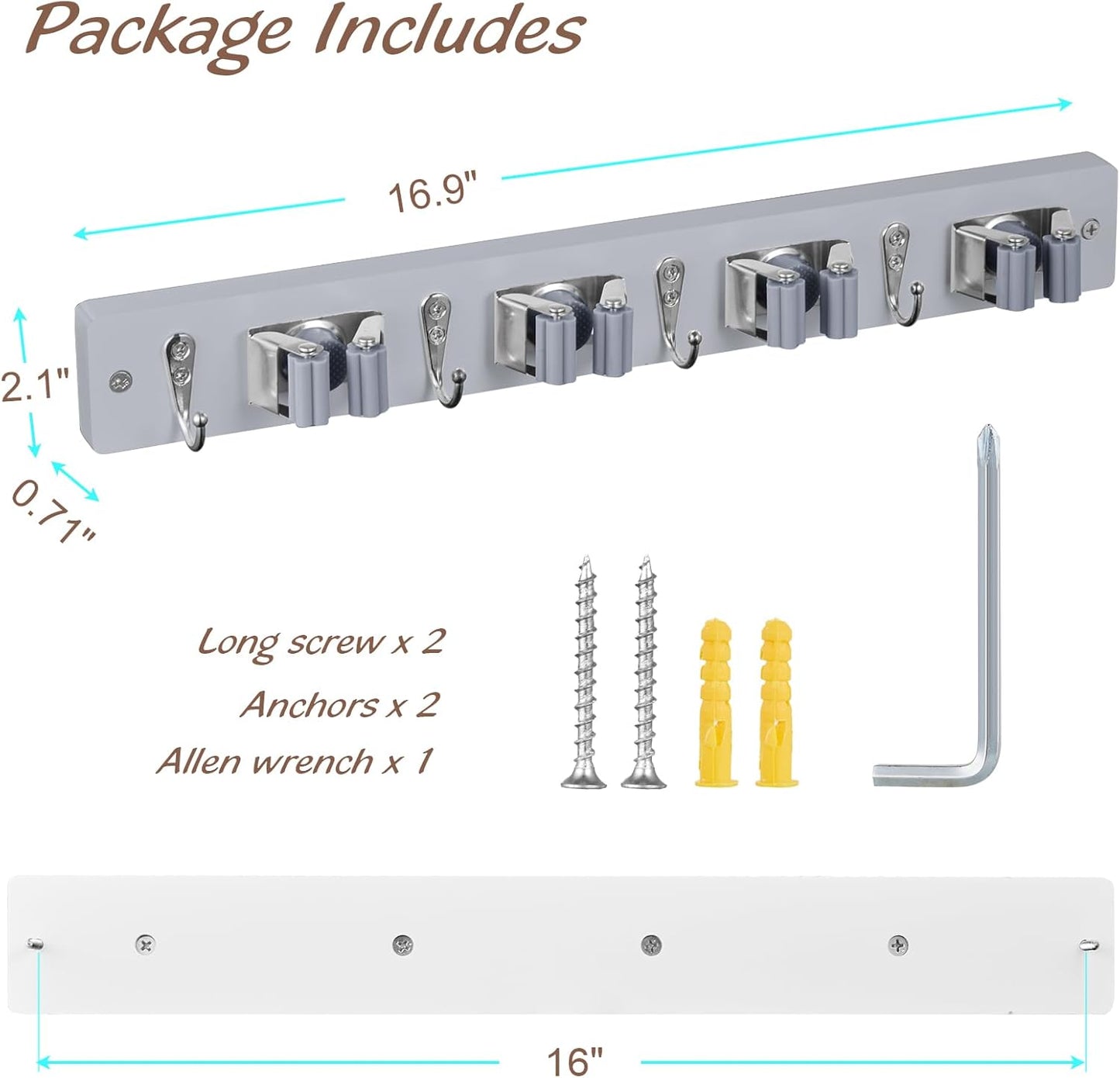 OUTNILI Mop Broom Holder - Wall Mount Organizer with 4 Slots & Hooks for Laundry Room | Gray Wood Design