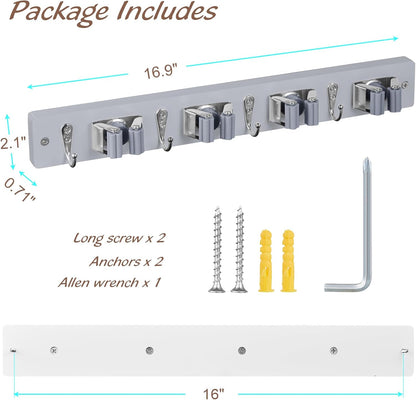 OUTNILI Mop Broom Holder - Wall Mount Organizer with 4 Slots & Hooks for Laundry Room | Gray Wood Design