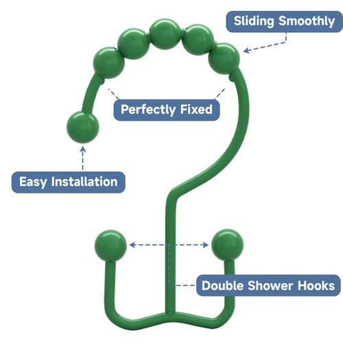Titanker Shower Curtain Hooks Rings, Rust-Resistant Metal Double Glide Shower Hooks for Bathroom Shower Rods Curtains, Set of 12 Hooks - Emerald Green