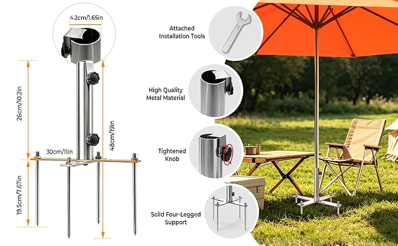 Heavy Duty Outdoor Umbrella Base Holder for 1.1-1.5in Poles, Steel Sand & Grass Anchor
