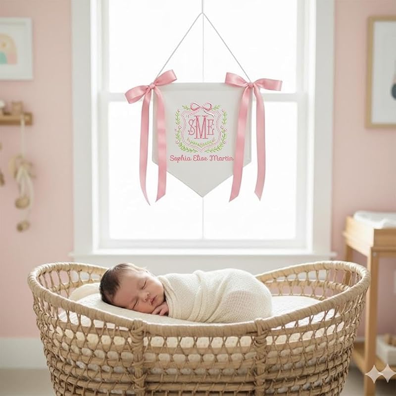 Personalized Baby Banner with Name - Embroidery on Cotton Canvas, 12x11 in AM-AOFB-06