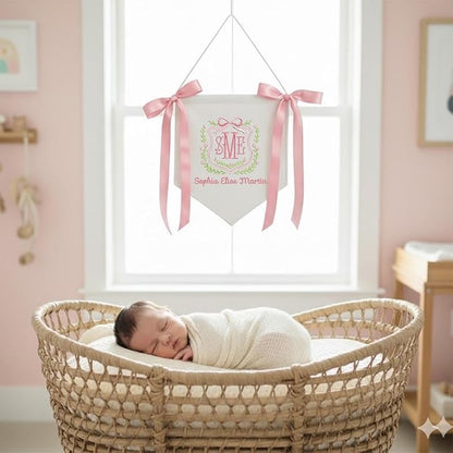 Personalized Baby Banner with Name - Embroidery on Cotton Canvas, 12x11 in AM-AOFB-06