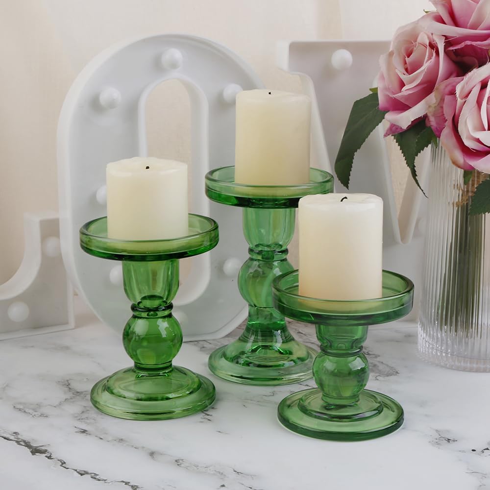 Skiennix 3-Piece Green Glass Candlestick Set - Elegant Crystal Holders for Weddings & Home Decor