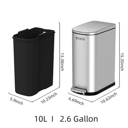 KSSKSS Slim Bathroom Trash Can - 2.6 Gallon Stainless Steel with Soft Close Lid | Removable Liner, Silver
