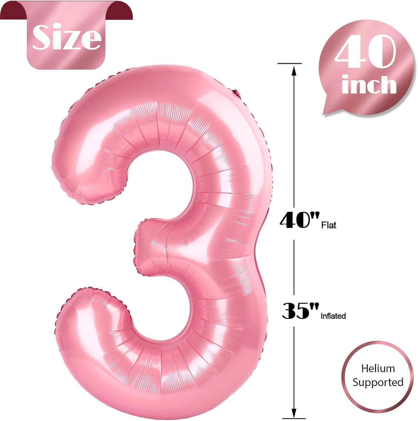 Pearlescent Pink Number 3 Balloon - 40 Inch Birthday Decoration for Kids & Women’s Parties