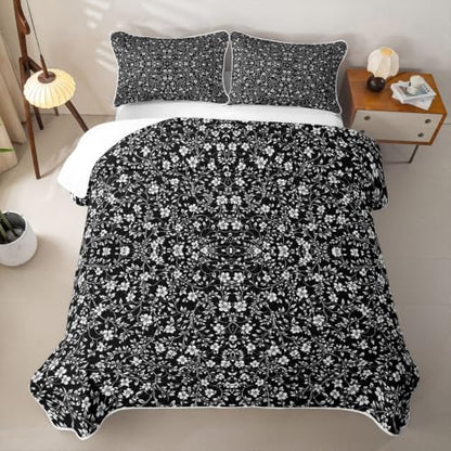 Black Floral Quilt Set 3 Pieces Queen Size All Season Bedding with Pillowcases