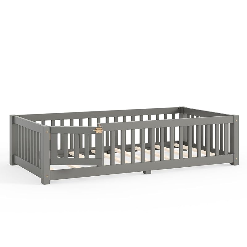 Twin Size Montessori Floor Bed with Door, Fence & Slats – Grey + Twin