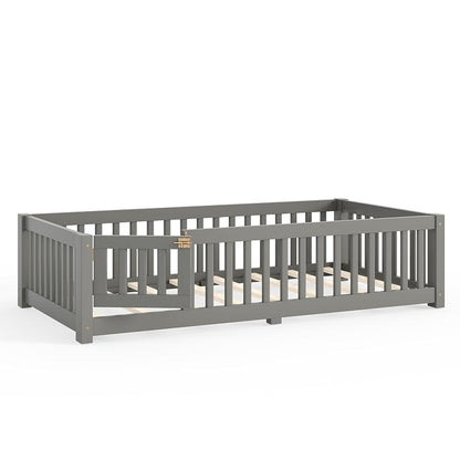 Twin Size Montessori Floor Bed with Door, Fence & Slats – Grey + Twin