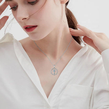 Regine Switzerland 925 Sterling Silver Cross Necklace - Turquoise Crown of Thorns Pendant for Women