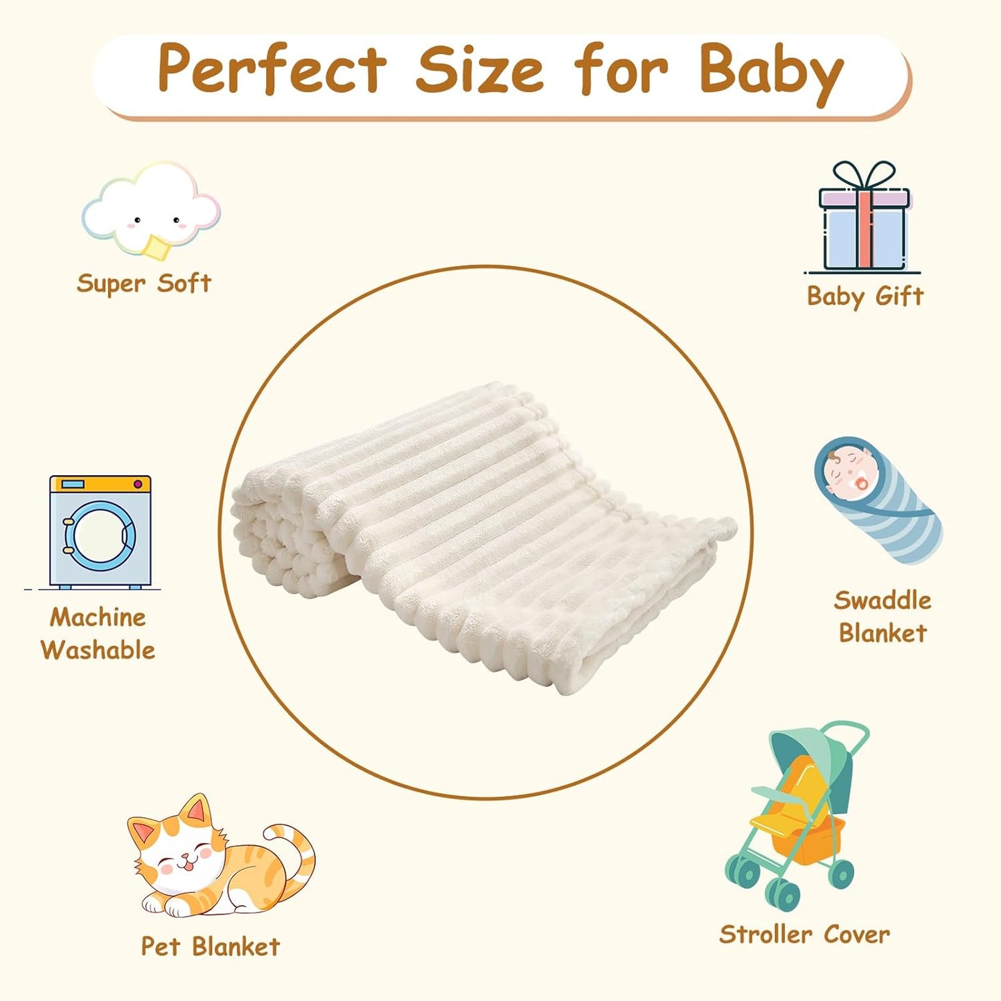 Skiennix Soft Fleece Baby Blanket - Ultra Cozy & Lightweight | Reversible Stripes, 30x40 Inch, Cream