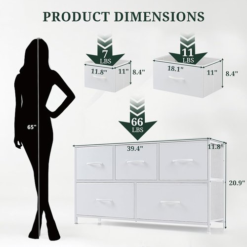 5-Drawer Dresser by [Brand Name] - Anti-Tip Fabric Chest with Wooden Top | Ideal Storage for Bedroom & Living Room, White