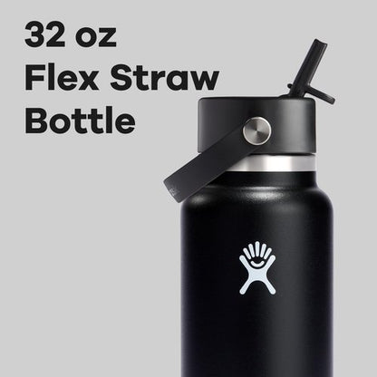Hydro Flask Water Bottle - Insulated Stainless Steel - Leakproof Wide Straw Lid | 32 Oz Black