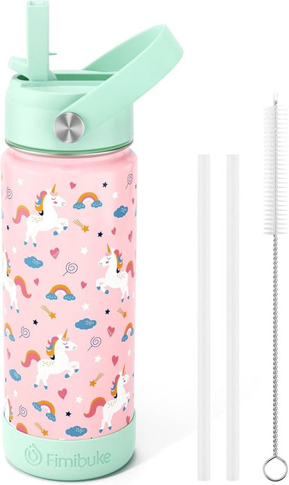 Fimibuke Kids Insulated Water Bottle - 18oz BPA-Free Stainless Steel Tumbler with Straw | Unicorn Design