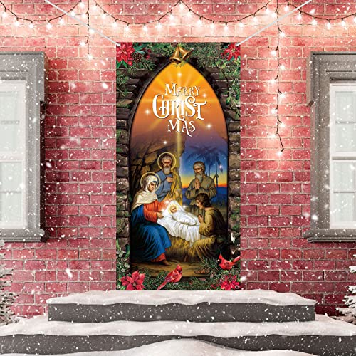 Religious Christmas Nativity Door Cover - Holy Scene for Holiday Decor 70x35 Inches