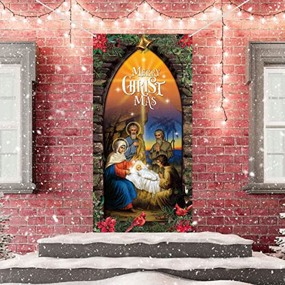 Religious Christmas Nativity Door Cover - Holy Scene for Holiday Decor 70x35 Inches