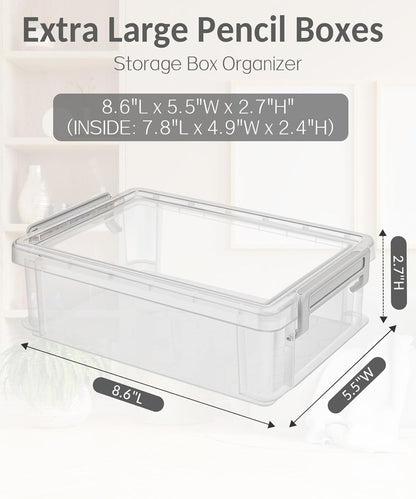 Sooez Extra Large Pencil Box Set - Clear Plastic Organizer with Lid | Stackable Storage for Art Supplies, Grey