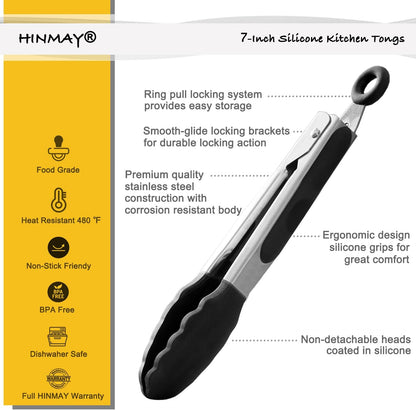 Skiennix 7-Inch Mini Silicone Tongs - Set of 3 in Black, Gray, and White for Easy Serving
