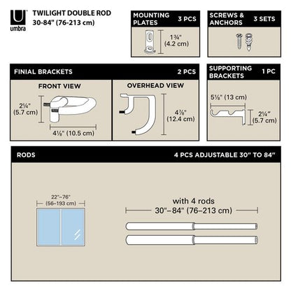 Umbra Twilight Double Curtain Rod Set – Wrap Around Design Ideal for Blackout or Room Darkening Panels, 30 to 84 Inches, Black