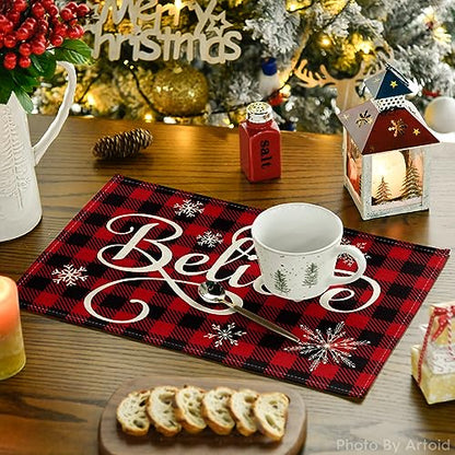 Christmas Buffalo Check Plaid Placemat Set of 4 - 12 x 18 Inches, Red & Black, Washable Rustic Table Decor