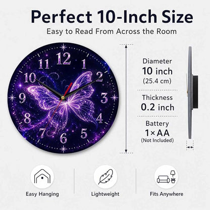 Glowing Purple Butterfly Wall Clock 10 Inch - Silent, Vintage Retro Farmhouse