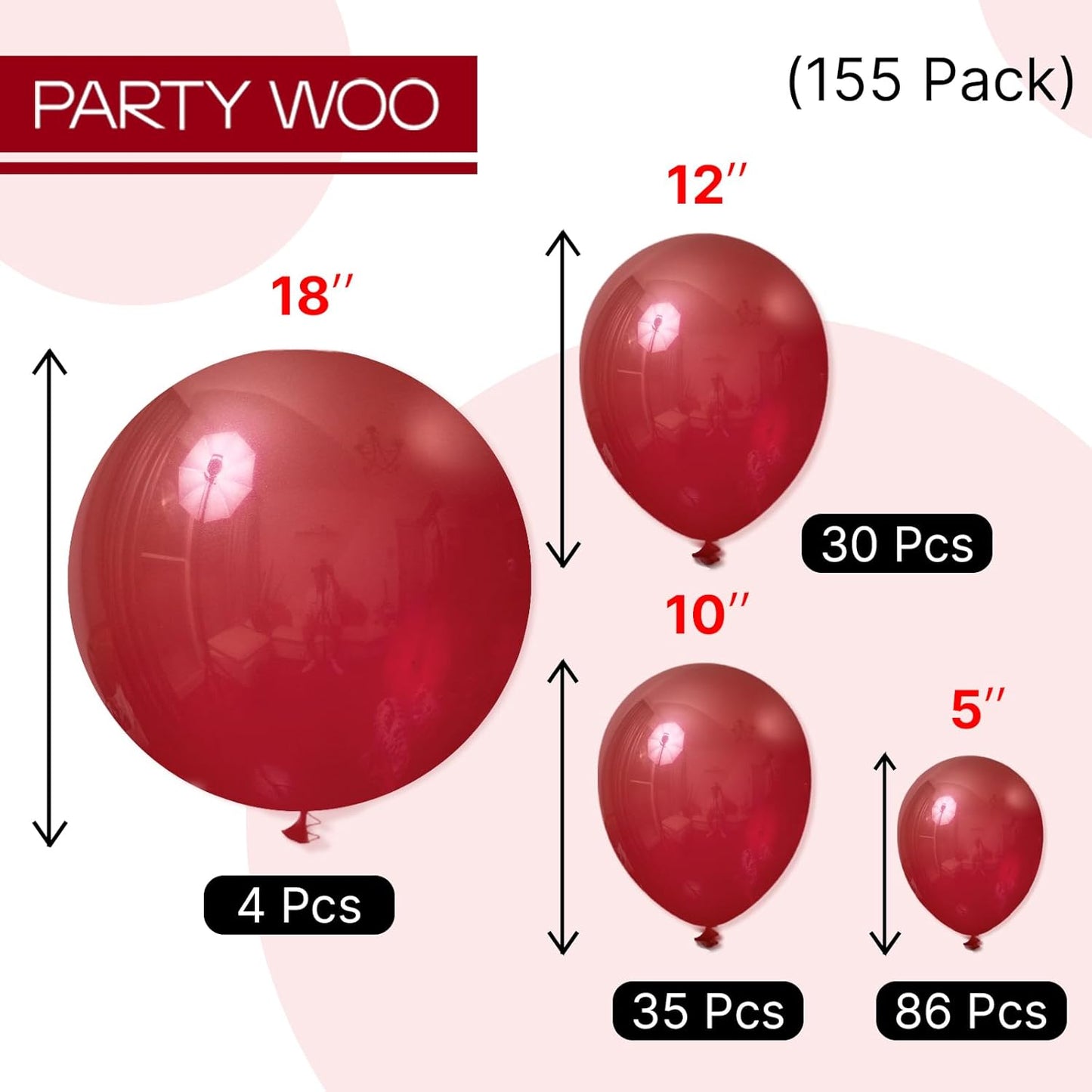 PartyWoo Burgundy Balloons - 155-Piece Dark Chestnut Red Balloon Arch Kit | Various Sizes for Celebrations