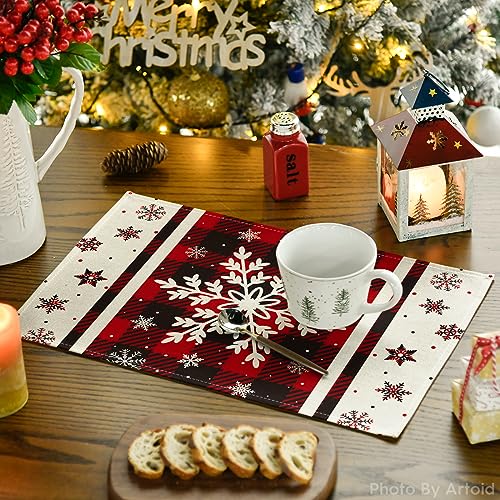 Buffalo Plaid Snowflake Christmas Placemats Set of 4 - 12x18 Inch Red Rectangular Holiday Table Decor