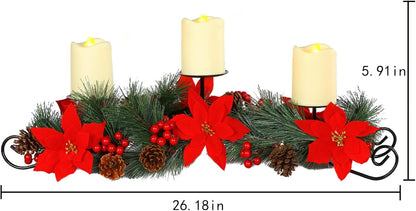 MorTime Christmas Centerpiece - 3 Candle Holders with Red Flowers & Pinecones | Festive Table Decor