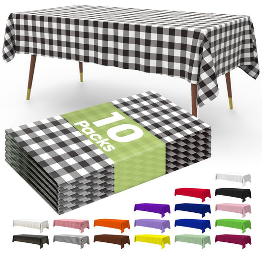 Pureegg Premium Disposable Table Cloth - 10 Pack, 54 x 108 Inch Table Cloths for Parties, Decorative Tablecloths for Rectangle Tables, White Plastic Table Cover, Leakproof & Sturdy, Black Plaid