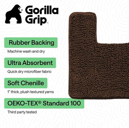 Gorilla Grip Plush Bath Rug Mat - Absorbent Shaggy Chenille for Square Toilet Base | Machine Washable, Soft Microfiber, Brown
