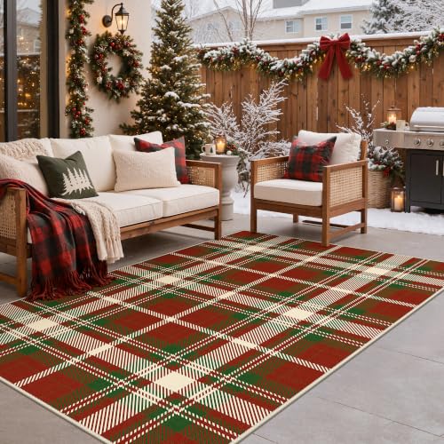 Outdoor Washable Area Rug 8x10 Feet - Red Checkered, Quick Dry for Patio & Entryway - Christmas Red, Non-Slip Backing