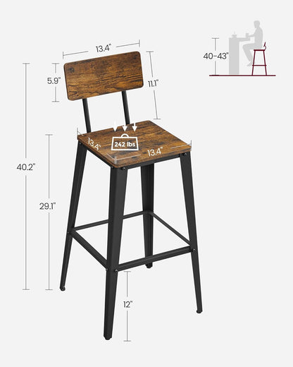 VASAGLE Bar Stools Set of 2 - 29.1-Inch Tall Industrial Style Chairs with Back - Rustic Brown & Ink Black