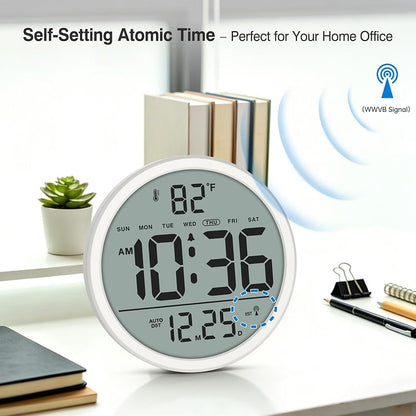 Wall Clock 8 Inch Digital Atomic Battery-Operated with Ivory Variation