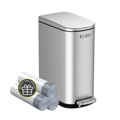 KSSKSS Slim Bathroom Trash Can - 2.6 Gallon Stainless Steel with Soft Close Lid | Removable Liner, Silver