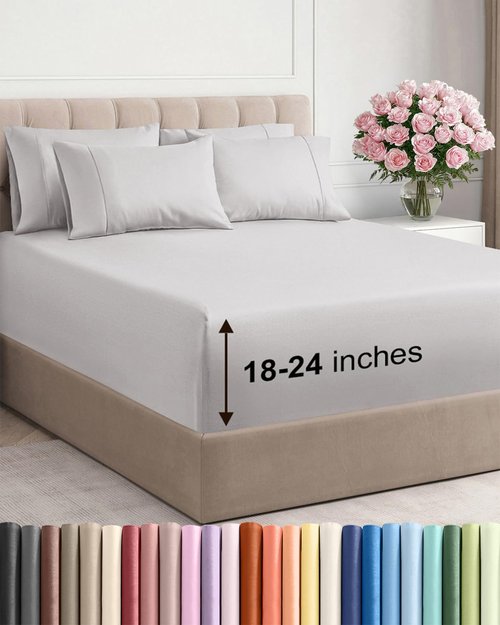 Extra Deep Full Sheet Set - 6 Piece Breathable and Cooling Sheets - Hotel Luxury Bedding for Women, Men, Kids & Teens - Easy Secure Fit - Soft, Wrinkle Free & Comfy - Extra Deep Pockets - French Grey
