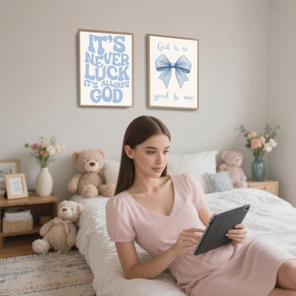 EVER-GOING TUNE Gray Blue Jesus Wall Decor Set of 4 | Inspirational Bible Verse Art for Girls' Bedroom, 8x10 Unframed