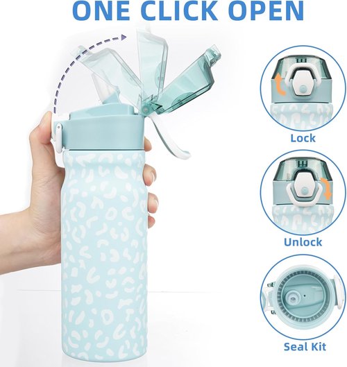 BJPKPK Insulated Water Bottle - 18oz Stainless Steel Thermal Flask with Straw & Carry Handle | Light Blue Leopard